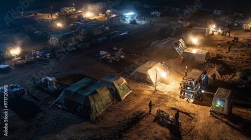 Under the dark sky, tents and vehicles illuminate the military encampment as personnel work diligently, managing supplies and coordinating operations on the site photo