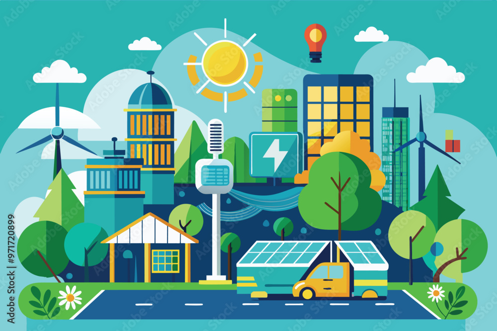 Illustration of a sustainable city featuring solar panels, wind turbines, and modern buildings surrounded by greenery in a bright and clean environment Illustration of a sustainable city featuring solar panels, wind turbines, and modern buildings surrounded by greenery in a bright and clean environment