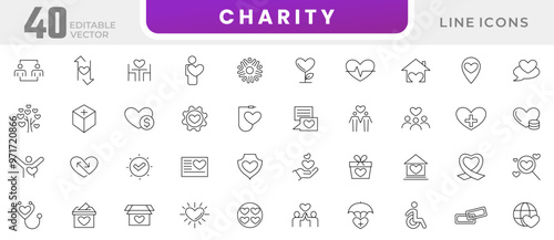 Charity line icon collection. almsgiving, helping those in need, donation, contribution, humanism, support, protection, disability, love, care symbols icon set. UI thin line icon pack.