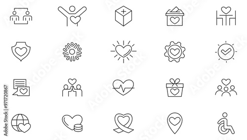 Charity line icon collection. almsgiving, helping those in need, donation, contribution, humanism, support, protection, disability, love, care symbols icon set. UI thin line icon pack.