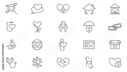 Charity line icon collection. almsgiving, helping those in need, donation, contribution, humanism, support, protection, disability, love, care symbols icon set. UI thin line icon pack.
