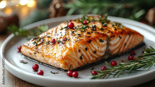 Close-up of a grilled salmon fillet with rosemary, cranberries, and a festive background.