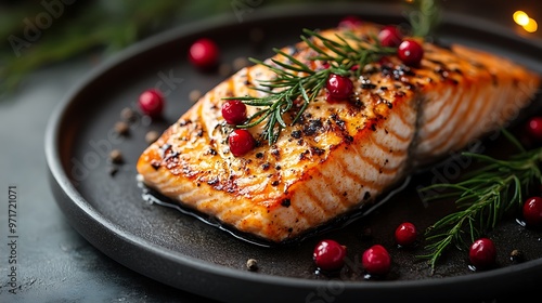 Grilled salmon fillet with cranberries and rosemary on a black plate. photo