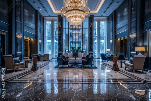 luxury hotel lobby, featuring plush seating, a grand chandelier, and marble floors