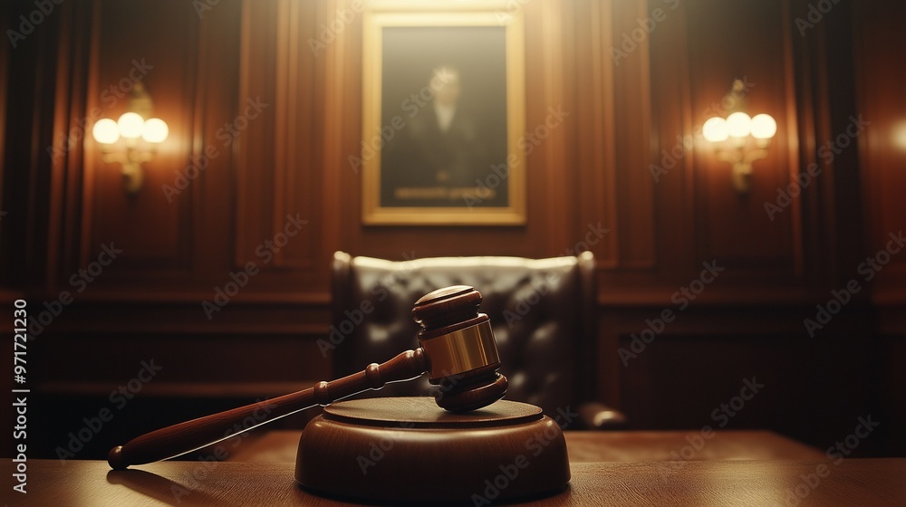 brown wooden gavel on a judge's bench in a courtroom brown wooden gavel on a judge's bench in a courtroom