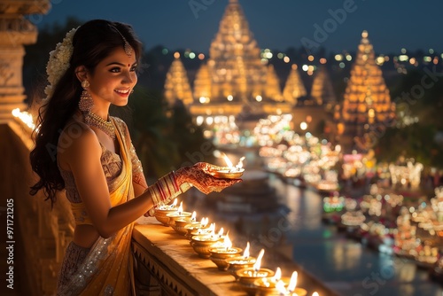 A beautiful young woman in traditional Indian attire celebrates Diwali, the Festival of Lights, by lighting oil lamps (diyas) on a balcony overlooking a beautifully illuminated temple. photo