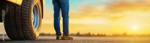 A person stands beside a vehicle, gazing at a beautiful sunset, symbolizing freedom and adventure on an open road.