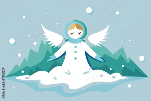 A serene angel figure with outstretched wings stands calmly in a snowy landscape under a pale blue sky, embodying tranquility and peace amidst winter's embrace