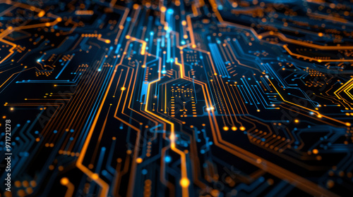 Detailed circuitry pattern with glowing lines on a dark background illustrating modern technology concepts