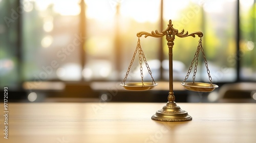 Golden scales of justice placed on a desk in a law office, softly lit by warm ambient light