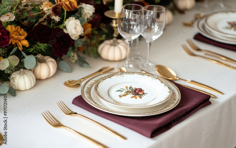 Elegant Thanksgiving table setting featuring autumnal decor and traditional elements for a festive celebration Elegant Thanksgiving table setting featuring autumnal decor and traditional elements for a festive celebration