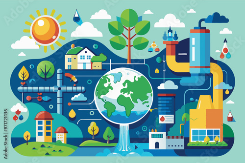 A colorful illustrated landscape showcasing a winding river surrounded by mountains, trees, and various buildings, emphasizing nature and sustainable activities