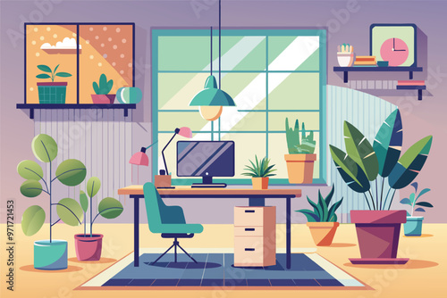 A modern workspace filled with plants and natural light creating a cozy atmosphere at midday