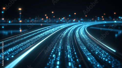 Fototapeta Naklejka Na Ścianę i Meble -  Futuristic highway road with a digital space background, 3D rendered to depict advanced technology and innovation, merging virtual and physical realms in a dynamic, high-tech landscape