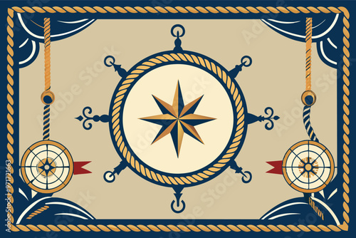 A detailed compass rose design featuring ropes and nautical elements, set against a blue background that evokes maritime adventures and navigation symbolism