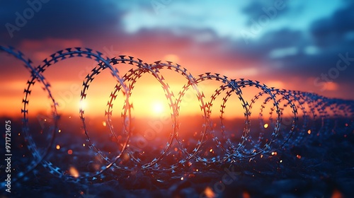 Razor wire fence at sunset. photo