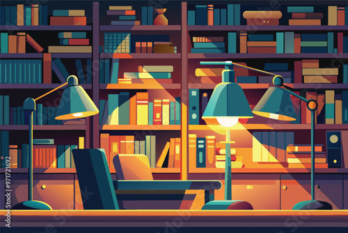 A cozy reading nook in a warmly lit library featuring comfortable seating, strategically placed lamps, and an abundance of bookshelves filled with literature