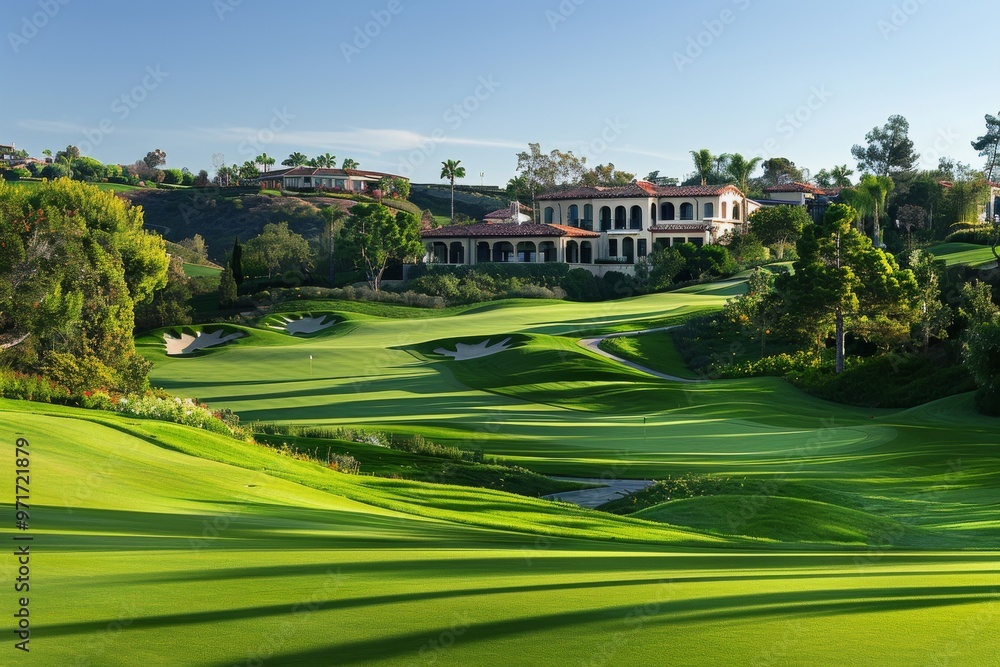 an exclusive golf course, and a luxurious clubhouse in the background an exclusive golf course, and a luxurious clubhouse in the background
