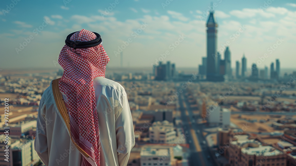 Fototapeta premium A man in traditional attire gazes at the skyline during the early evening, featuring modern skyscrapers.