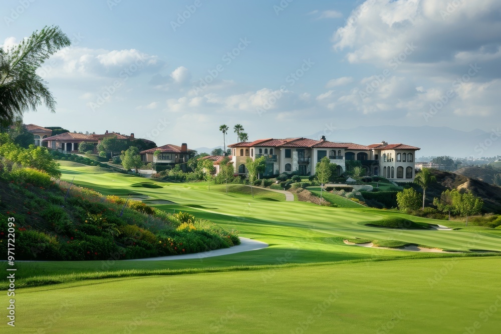 an exclusive golf course, and a luxurious clubhouse in the background an exclusive golf course, and a luxurious clubhouse in the background