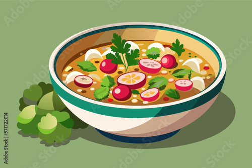 A vibrant bowl of traditional soup garnished with fresh herbs, sliced vegetables, and lime, perfect for a comforting meal at any time