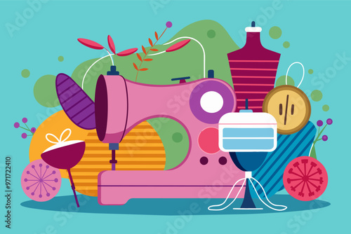 Two women sewing face masks with a colorful sewing machine surrounded by spools of thread in a creative workspace during a community project