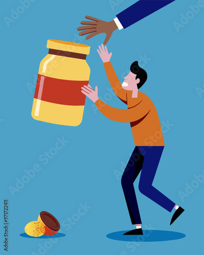 A shopper lets out a groan as they reach for a jar of peanut butter only to recoil at the high price.. Vector illustration