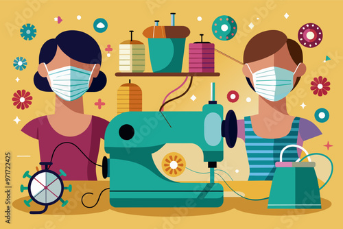 Two women sewing face masks with a colorful sewing machine surrounded by spools of thread in a creative workspace during a community project
