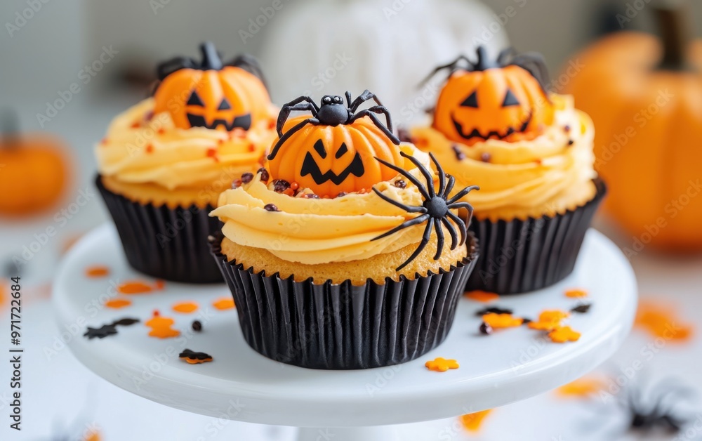 Delicious Halloween cupcakes with vibrant orange and black frosting topped with spiders and pumpkins on a festive cake stand Delicious Halloween cupcakes with vibrant orange and black frosting topped with spiders and pumpkins on a festive cake stand