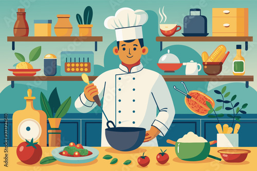 A chef in a cozy kitchen prepares a meal surrounded by fresh ingredients, cooking utensils, and colorful kitchen decor during a bright afternoon