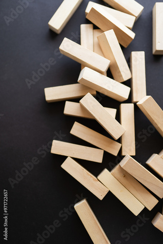 Pile of small wooden blocks for Jenga table game	