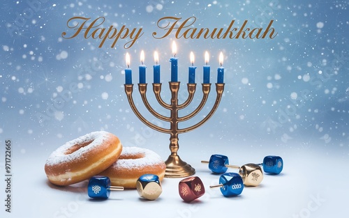 Festive Hanukkah Setting with Menorah, Doughnuts, and Spinning Dreidels photo