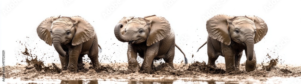 Fototapeta premium Playful Baby Elephants in Mud, adorable baby elephants joyfully splashing in mud, showcasing their playful nature against a pristine white backdrop, a charming display of innocence and fun
