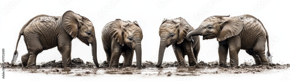 Fototapeta premium Playful Baby Elephants in Mud, full-body portrait capturing the joyful essence of young elephants engaging in playful mud activities against a clean white backdrop