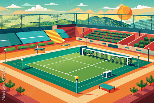 A vibrant tennis court at sunset, featuring a well-maintained green surface surrounded by seating for spectators and a scenic mountain backdrop