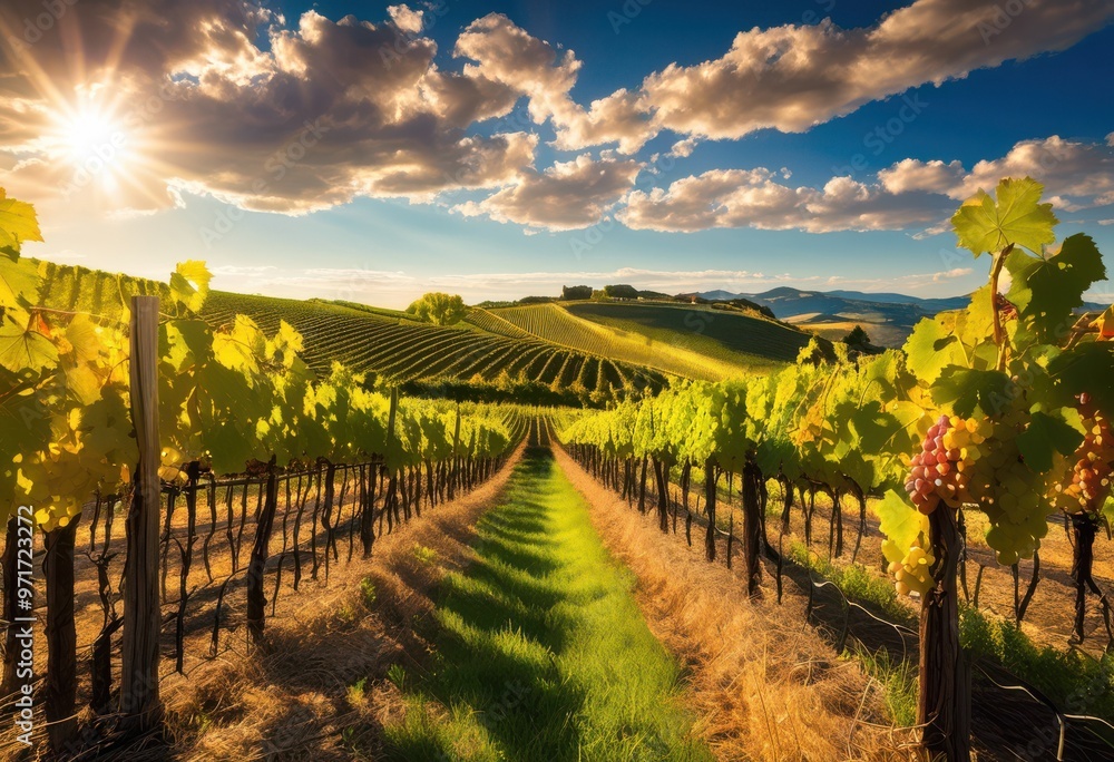 Fototapeta premium stunning vineyard landscapes filled lush green vines vibrant clusters grapes under clear blue skies, agriculture, bountiful, countryside, crop, colorful