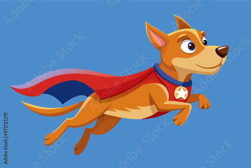 A playful cartoon superhero dog soaring through the air in a bright blue background while wearing a red cape and looking happy on a sunny day