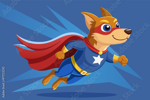 A playful cartoon superhero dog soaring through the air in a bright blue background while wearing a red cape and looking happy on a sunny day