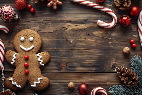 Christmas wooden background with a gingerbread man cookie and ornaments. Copy space