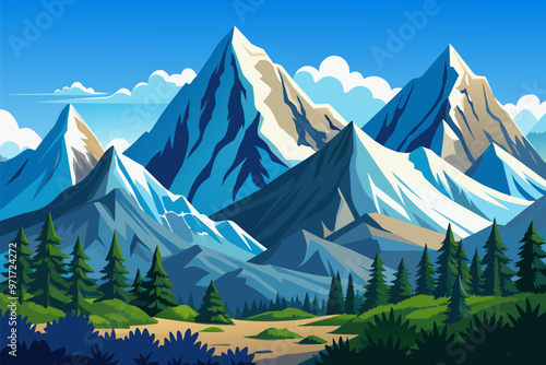 Majestic mountain landscape featuring snowy peaks and lush green valleys under a clear blue sky during daylight hours