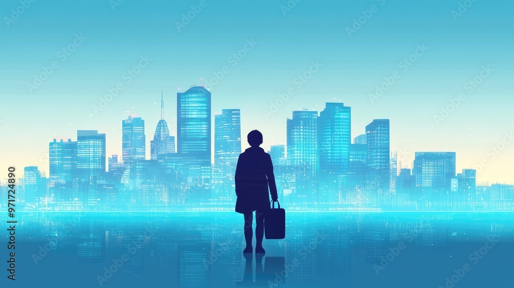 Silhouette of Business Professional with Briefcase Overlooking Modern Cityscape at Dawn Silhouette of Business Professional with Briefcase Overlooking Modern Cityscape at Dawn