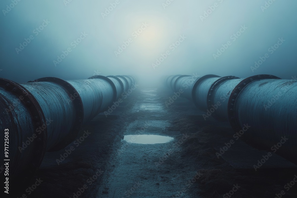 Steam pipes in dark eerie foggy landscape Steam pipes in dark eerie foggy landscape