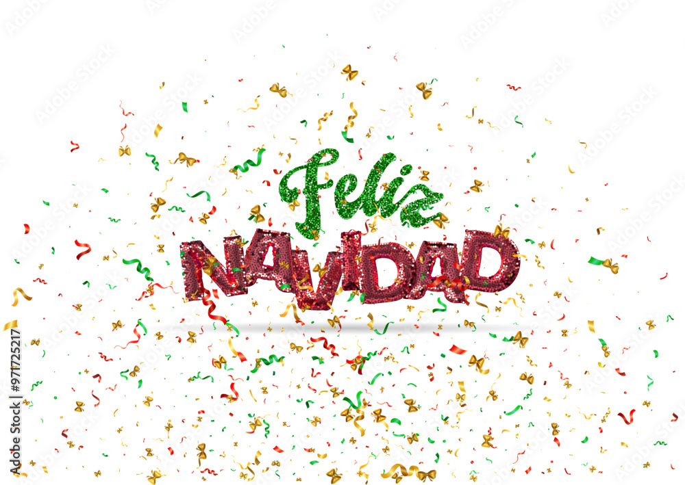 Obraz premium Feliz Navidad Happy New Year Spanish 3d abstract golden metallic sequins lettering with confetti background. Isolated on the white. Vector holiday illustration. Concept greeting card, banner.