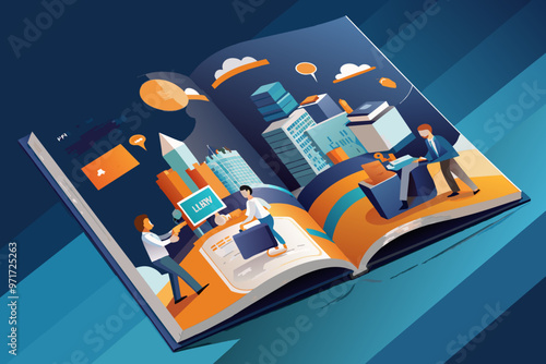 A vibrant illustration depicting diverse professionals engaged in collaboration at a bustling workspace with modern skyscrapers in the background during daytime hours