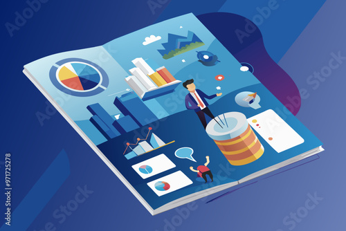 A vibrant illustration depicting diverse professionals engaged in collaboration at a bustling workspace with modern skyscrapers in the background during daytime hours