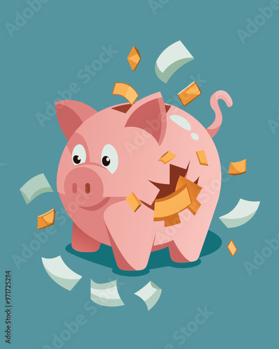A shattered piggy bank that has been glued back together with pieces missing and money spilling out of the cracks.. Vector illustration