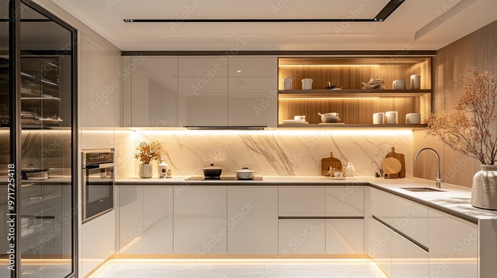 Modern Minimalist Kitchen with Warm Lighting and Sleek Design Modern Minimalist Kitchen with Warm Lighting and Sleek Design