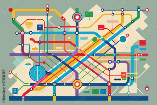 Colorful transit map illustrating various train and subway lines with intersections and stops in a vibrant urban environment