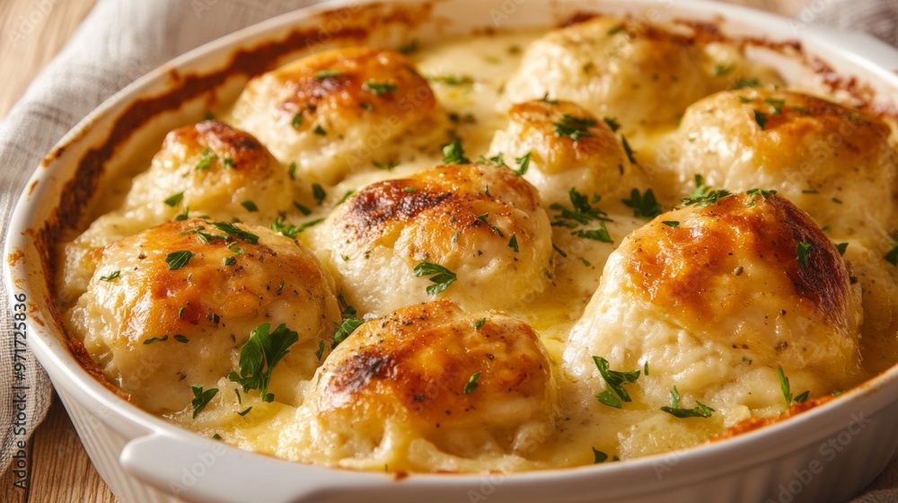 The national cuisine of Great Britain: Baked chicken with dumplings and cheese. The national cuisine of Great Britain: Baked chicken with dumplings and cheese.