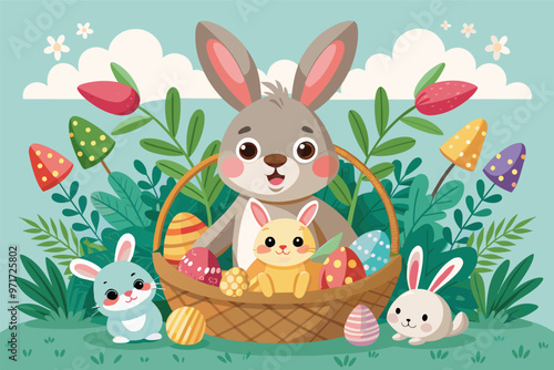 A cheerful cartoon bunny sitting in a basket filled with colorful Easter eggs surrounded by flowers, butterflies, and friendly animals in a bright spring landscape